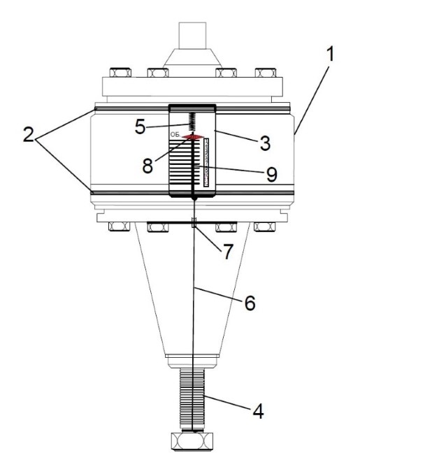 Указатель положения регулировочного винта пилота1 – корпус пилота; 2 – крепежные элементы (хомут); 3 – корпус указателя; 4 – регулировочный винт; 5 – силовой крюк; 6 – стальной тросик; 7 – направляющая алюминиевая пластина c завальцованной втулкой; 8 – стрелка указателя; 9 – цифровая шкала указателя