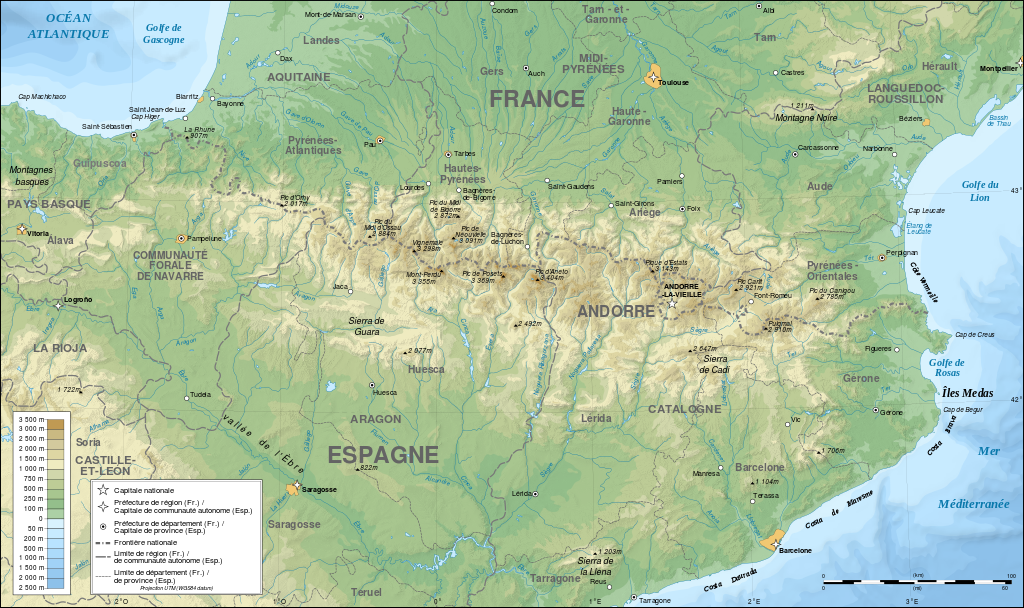 Карта Пиренейских гор, созданная в QGIS