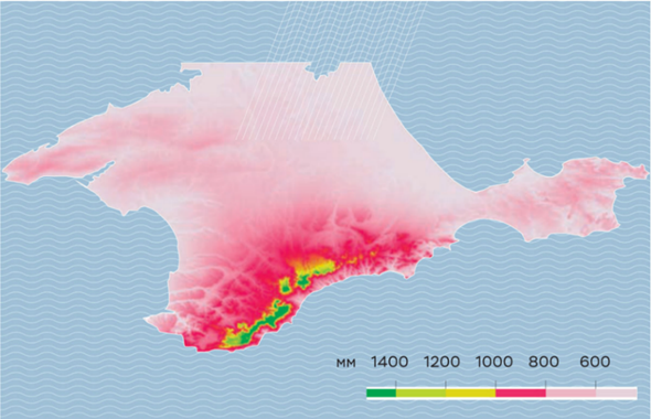 Map of the distribution of the annual precipitation rate on the territory of the Crimean Peninsula