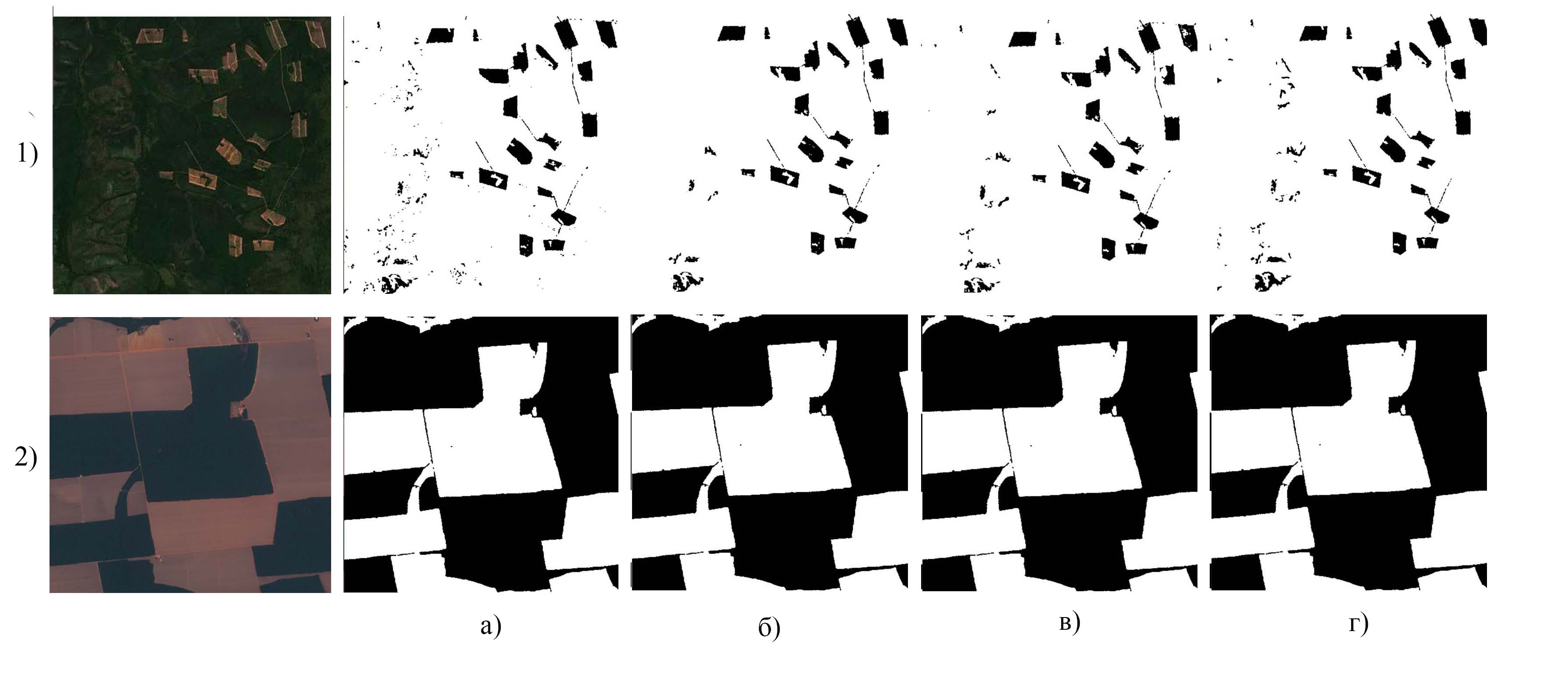 Результат работы различных алгоритмов семантической сегментации рубок по данным спутниковых снимков:а) истинная маска рубки; б) модель U-Net; в) модель Attention U-Net; г) модель MaskFormer