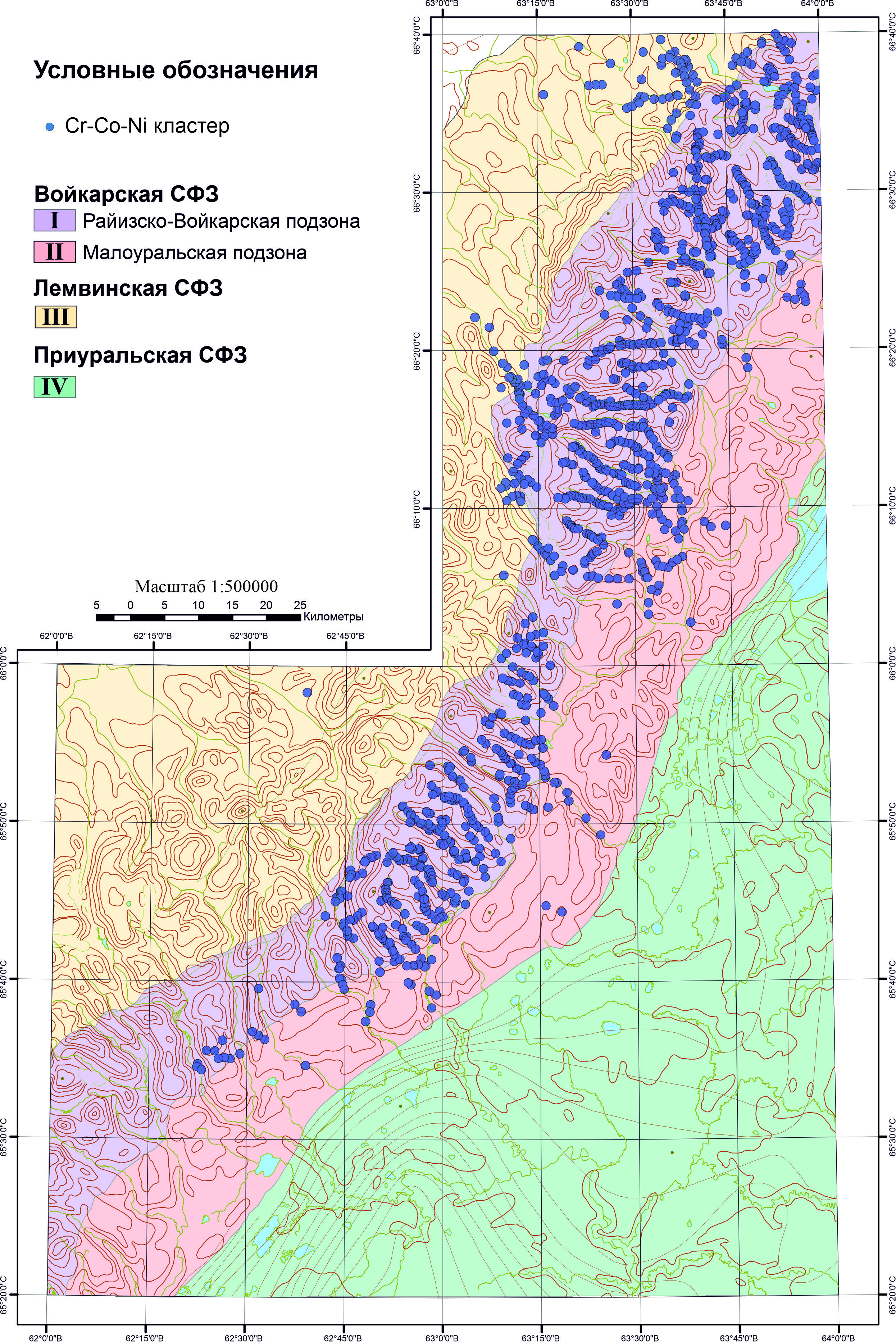 Соотношение Cr-Ni-Co геохимического кластера (Кластер №1) и геологии исследуемого района на упрощенной геологической схеме 