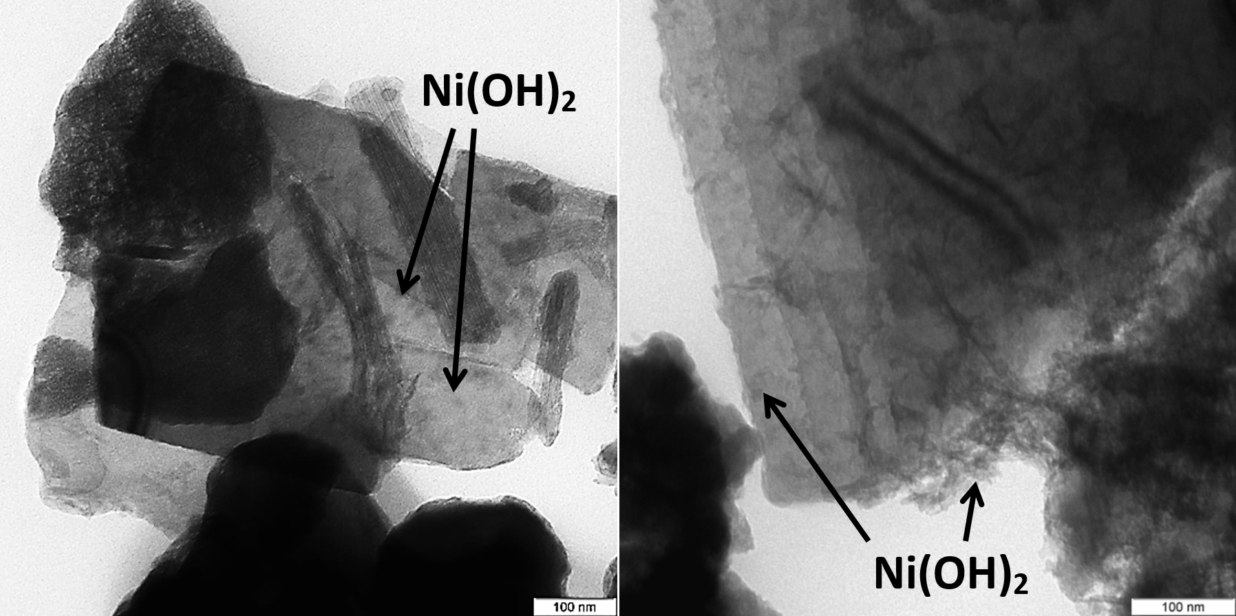 Электронные фотографии (ПЭМ) частиц ПТК/Ni, модифицированных в водных растворах сульфата никеля при [Ni] = 0,02 моль/л (слева) и 0,04 моль/л (справа)