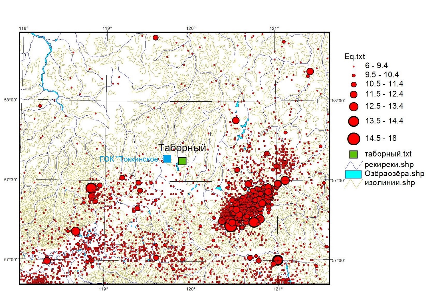 Карта эпицентров землетрясений района исследований - 