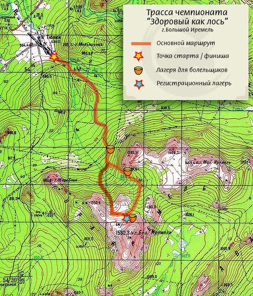 Фрагмент топографической карты местности проведения экстремального забега «Здоровый как лось»