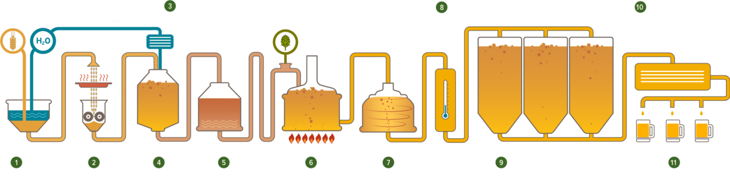 Схема процесса пивоварения [4]:1 – получение солода из ячменя (соложение); 2 – очистка солода и дробление; 3 – подготовка воды; 4 – затирание или перемешивание помола и воды; 5 – фильтрация затора; 6 – кипячение сусла; 7 – отделение взвесей горячего сусла; 8 – охлаждение; 9 – брожение и созревание напитка; 10 – фильтрация и обработка; 11 – розлив готового напитка