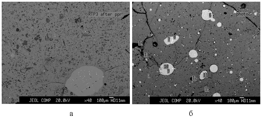 Фото поверхности образца печного шлака (данные РСМА): а – общий вид; б – фото поверхности в режиме COMPO