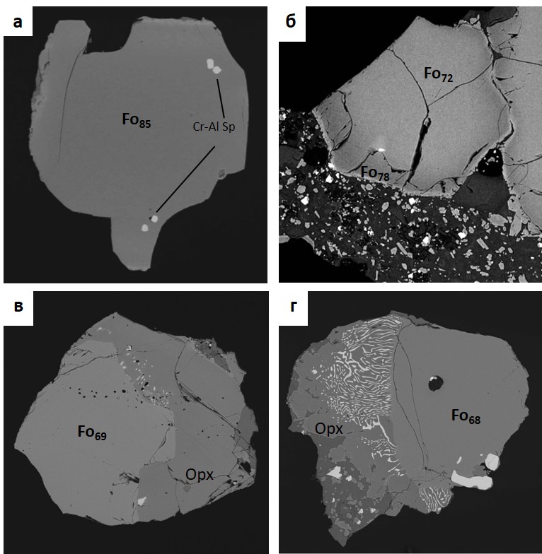 Оливин из лав вулкана Клумба: а-б – вкрапленники оливина I, в-г – вкрапленники оливина II; Fo – форстеритовый минал, Cr-Al Sp – хром-алюмошпинель, Opx – ортопироксен