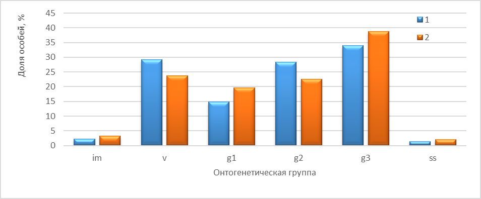 Онтогенетический спектр популяции Pyrola minor в Муранском бору (1) и в окр. Ст. Бинарадка (2): im – имматурные; v – виргинильные; g1 – молодые генеративные; g2 – зрелые генеративные; g3 – старые генеративные; ss – субсенильные особи