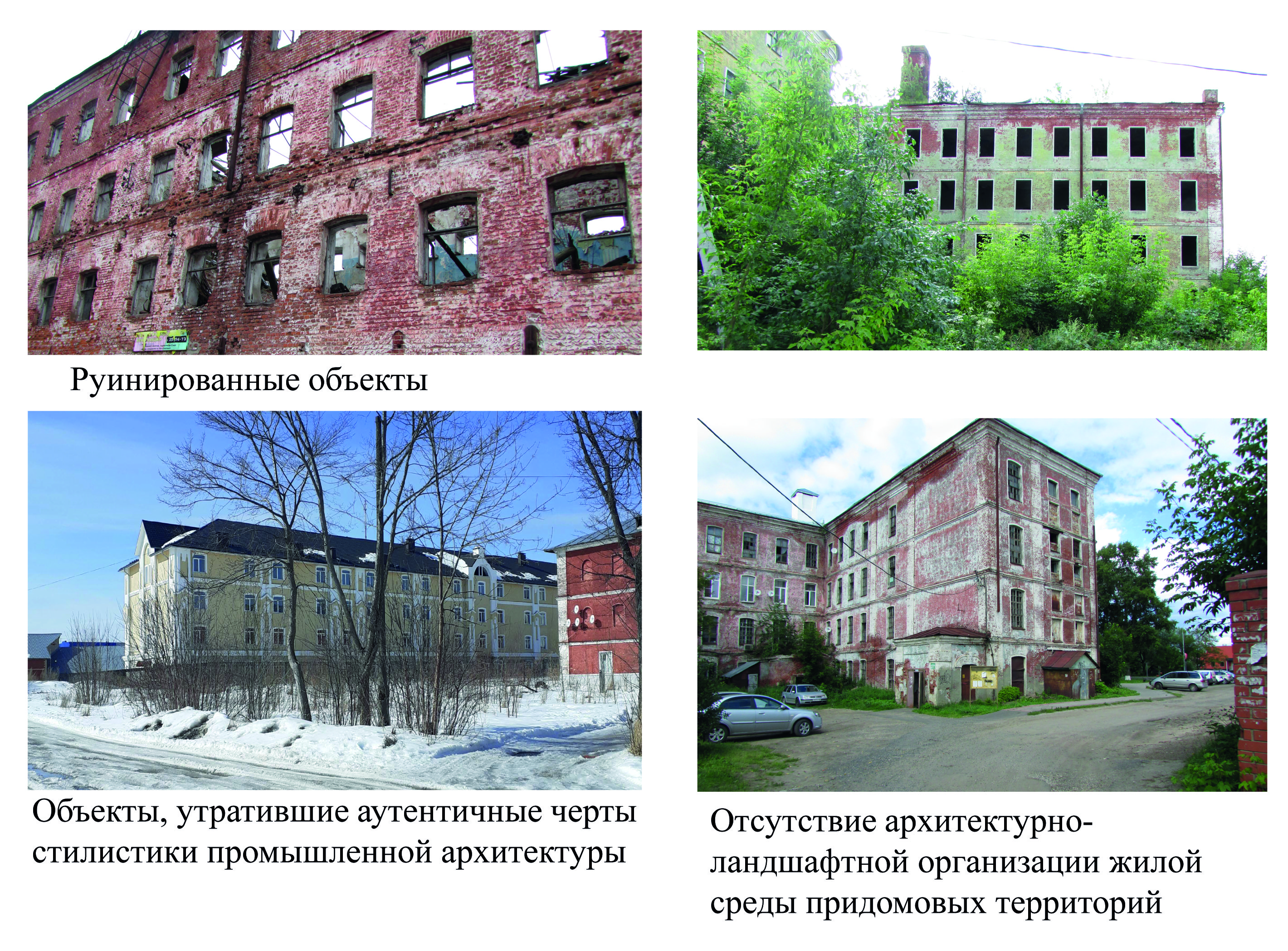 Руинированные здания рабочих казарм и объекты, утратившие аутентичные черты промышленной архитектуры