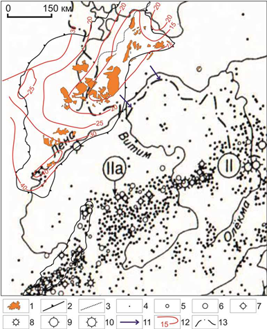 Схема сопоставления эпицентров землетрясений Олекминского фланга Байкальской рифтовой зоны с месторождениями нефти и газа Непско-Ботуобинской антеклизы: 1 – месторождения углеводородов; 2 – контур Непско-Ботуобинской антеклизы, 3 – линия выклинивания терригенного венда; Магнитуды землетрясений: 4 – до 4; 5 – 4-5; 6 – 5-5,5; 7 – 5,5-6; 8 – 6-6,5; 9 – 6,5-6,8; 10 – 6,8 (Тектоника, 2001); 11 – направление движения вод; 12 – температура по кровле рифей-вендского терригенного комплекса, °С (Непско-Ботуобинская антеклиза, 1986); 13 – административная граница Республики Саха (Якутия); II – Байкало-Становой пояс; IIa – Байкальская рифтовая зона