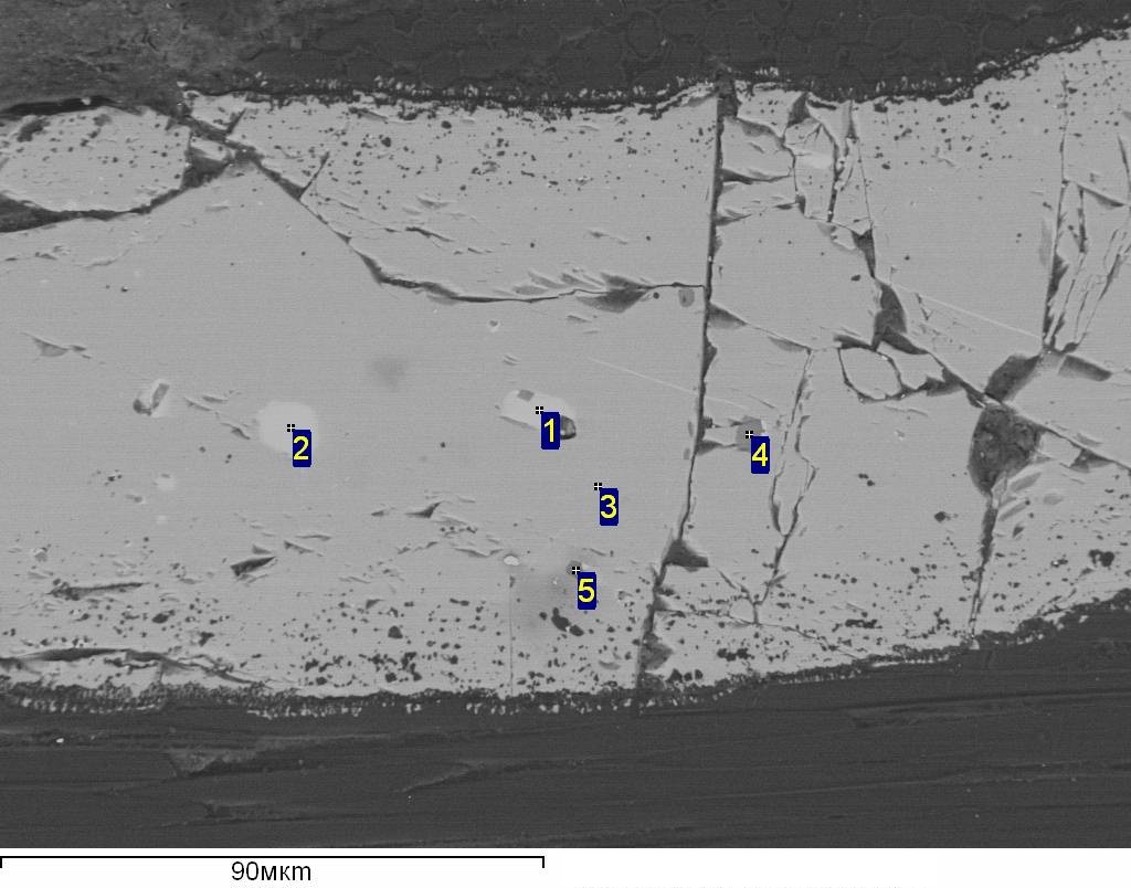 Снимок структуры УККМ: 1, 2, 3, 4, 5 - точки, в которых проводился микрорентгеноспектральный анализ