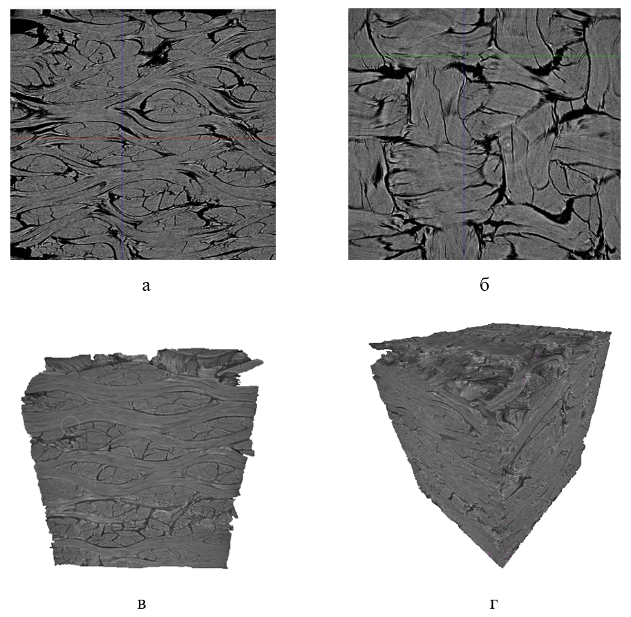 Углерод-углеродный композиционный материал: а, б - примеры сканов структуры углерод-углеродного композиционного материала; в, г - трехмерные изображения