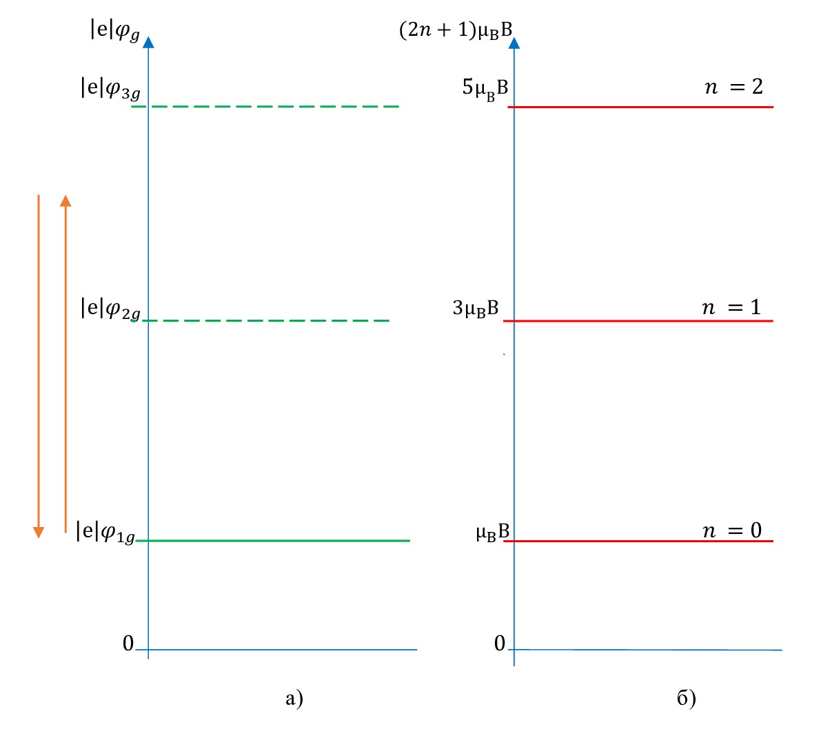 Схематично показана связь между плавным изменением потенциала φg электростатического поля затвора-подложки в зоне проводимости (в 2МЭГ), умноженным на абсолютную величину заряда электрона |e|, и допустимыми значениями энергии электрона в магнитном поле μBB (2n+1) при B=const:а - значение потенциала φg электростатического поля затвора-подложки в зоне проводимости, умноженного на абсолютную величину заряда электрона |e|; б - дискретный энергетический спектр системы 2МЭГ в магнитном поле в соответствии с формулами (24) и (25)