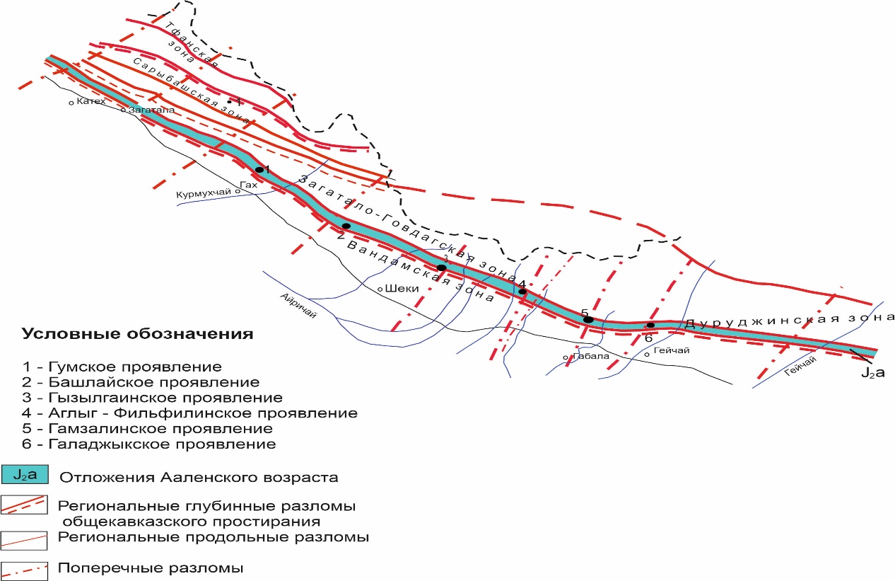 Cхематическая карта расположения золото-сульфидных рудопроявлений в Дуруджинской структурно-формационной зоне южного склона Большого Кавказа