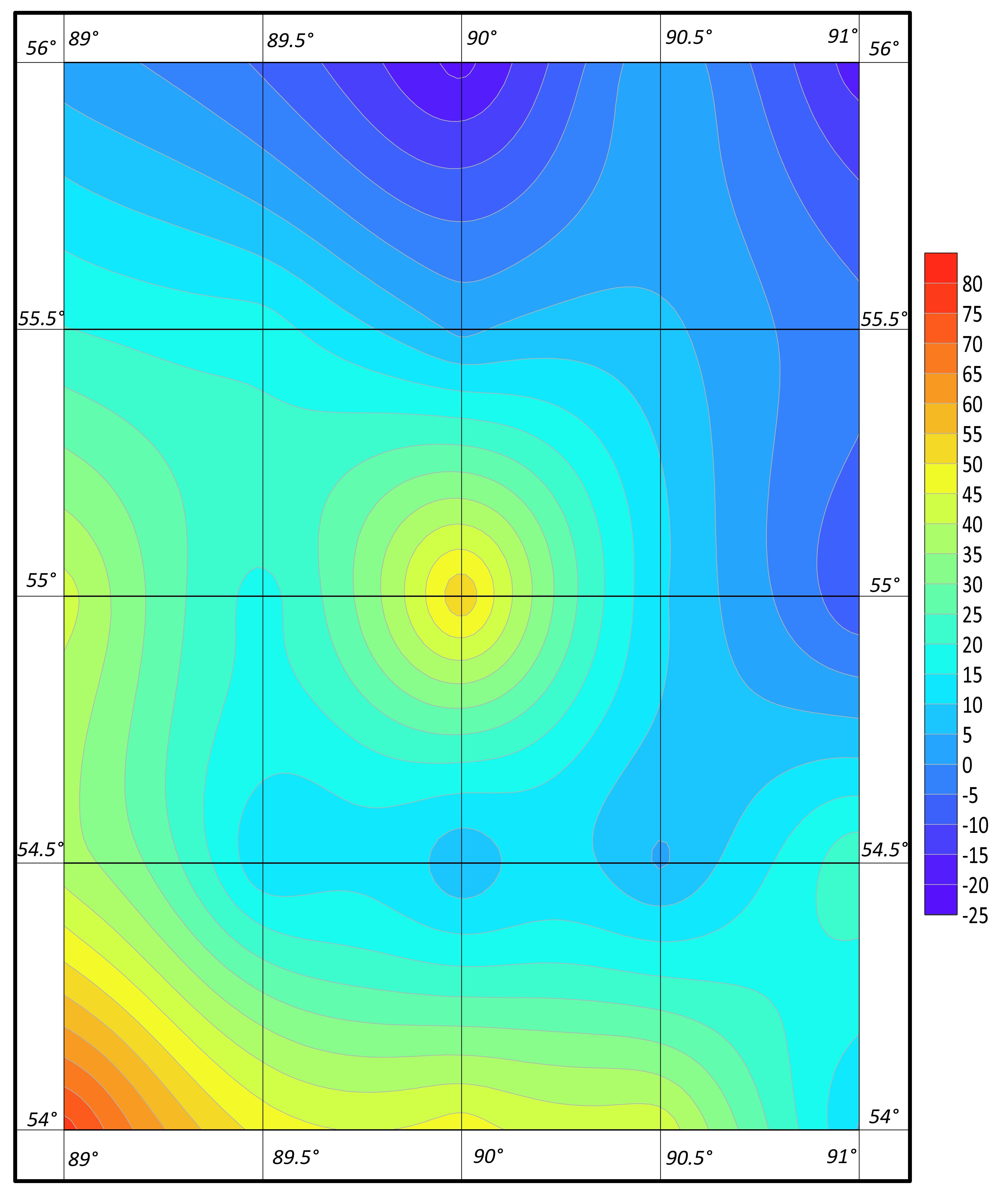 Гравиметрическая карта аномалий силы тяжести с редукцией в свободном воздухе, созданная с помощью пакета машинной графики