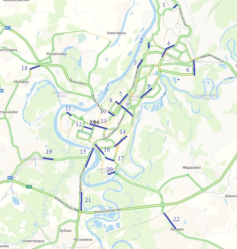 Карта дорог Уфы с наиболее загруженными автотранспортом участками (выделены синим цветом)