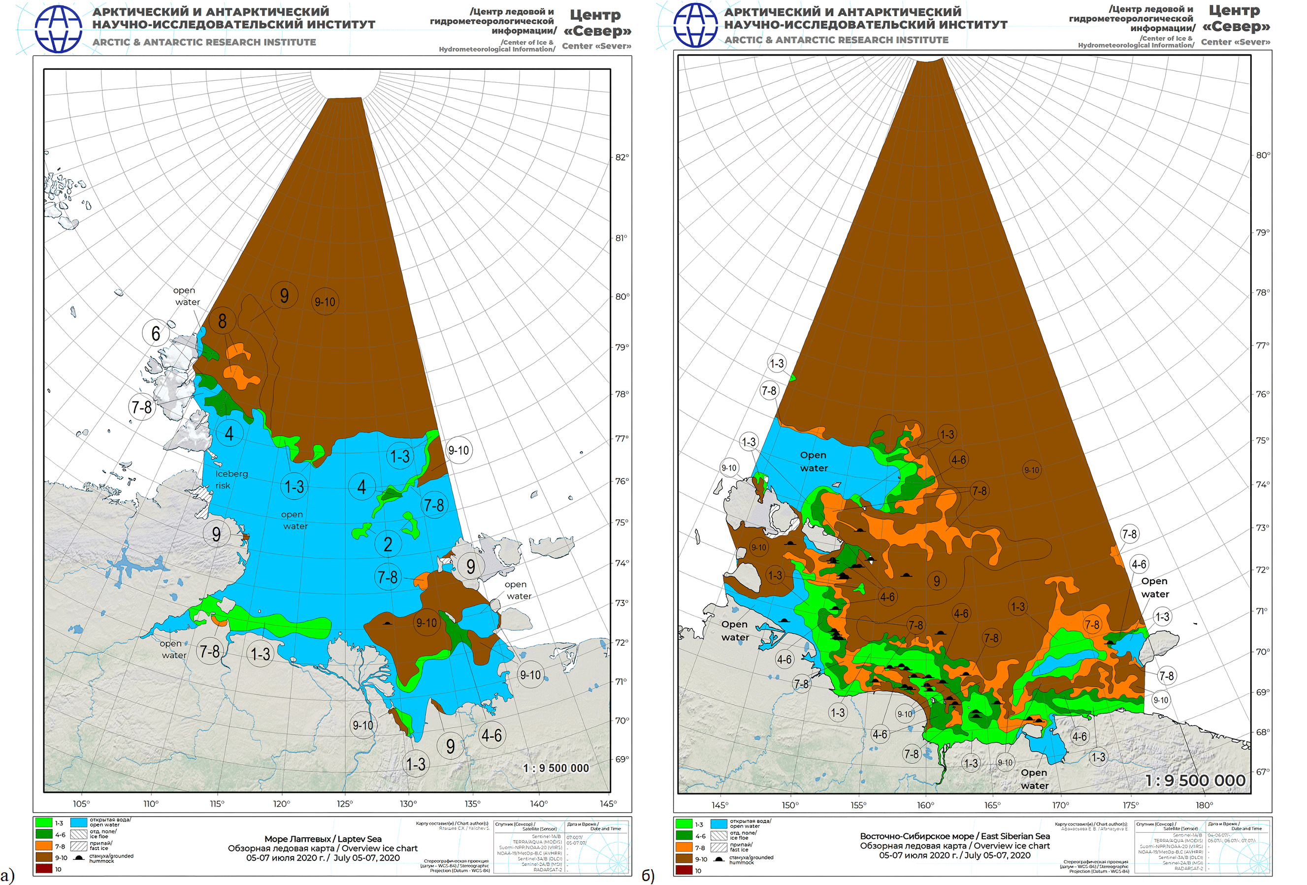 Региональные ледовые карты Евразийской Арктики: а - море Лаптевых; б - Восточно-Сибирское море
