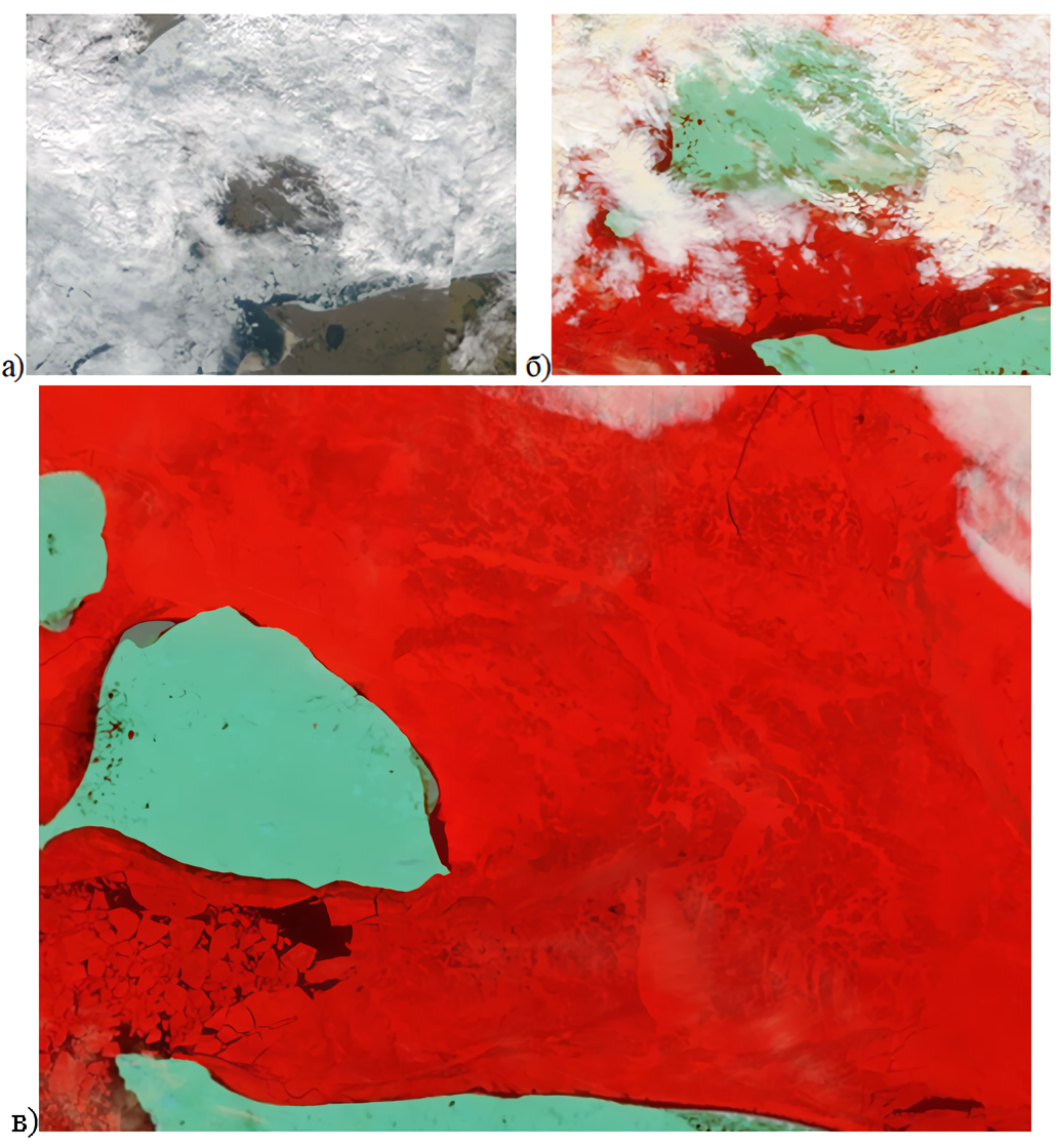 Спутниковое (Terra/Modis) изображение пролива Дмитрия Лаптева и положения льдов: а - в естественных цветах 27.06.2020 г.; б - в комбинации каналов 3-6-7, 27.06.2020 г.; в - в комбинации каналов 3-6-7, 26.06.2020 г