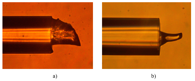 Microphotographs of fabricated borosilicate Fabry-Perot interferometer samples: a — Sample 1; b — Sample 2