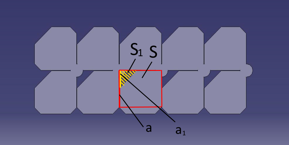 Фрагмент предельной сварной призмы из малого проката: a – длина стороны  отрезка; a1 – длина стороны полости S и S1 – Площади отрезка и полости соответственно