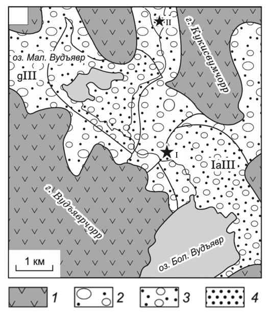Крупномасштабная геологическая схема района: показано звездами: I – кукисвумская моренная гряда (Южные Хибины), разрез Тирвас; II – разрез «Снежный»; 1 – выходы кристаллических пород фундамента; 2 – морена супесчаная; 3 – переслаивание песка и гравийно-галечников зандрового типа; 4 – пески озерные