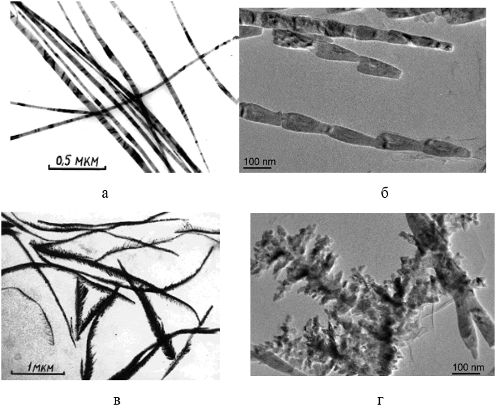 Типичные микрофотографии нитевидных (а, б) и дендритных кристаллов (в, г) 