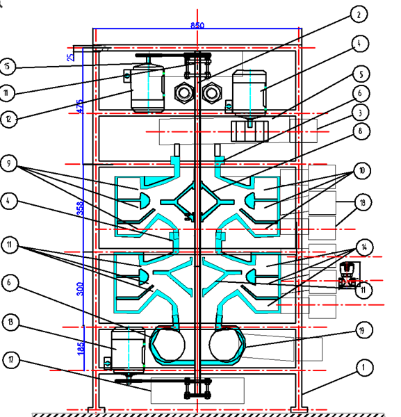 Схема лабораторной установки модифицированного пневмосепаратора: 1 - основание шасси; 2 - ось ротора; 3 - входной патрубок; 4 - электродвигатель грубого очистителя; 5 - центробежный очиститель крупных фракций; 6 - статор с камерой 1-ступени; 7 - электродвигатель 1-ступени; 8 - ротор 1-1 ступени; 9 - щелевидные каналы 1-й ступени; 10 - камеры 1-а ступени; 11 - регулятор высоты ротора 1-й ступени; 12 - каналы 2-й ступени; 13 - электродвигатель 2-ступени; 14 - камеры 2 - 2 ступени; 15 - ротор 2 - 2 ступени; 16 - центробежный очиститель крупных фракций; 17 - регулятор высоты ротора 2-й ступени; 18 - выходные патрубки по фракциям; 19 - тороидальный эвакуатор остаточной газопылевой смеси