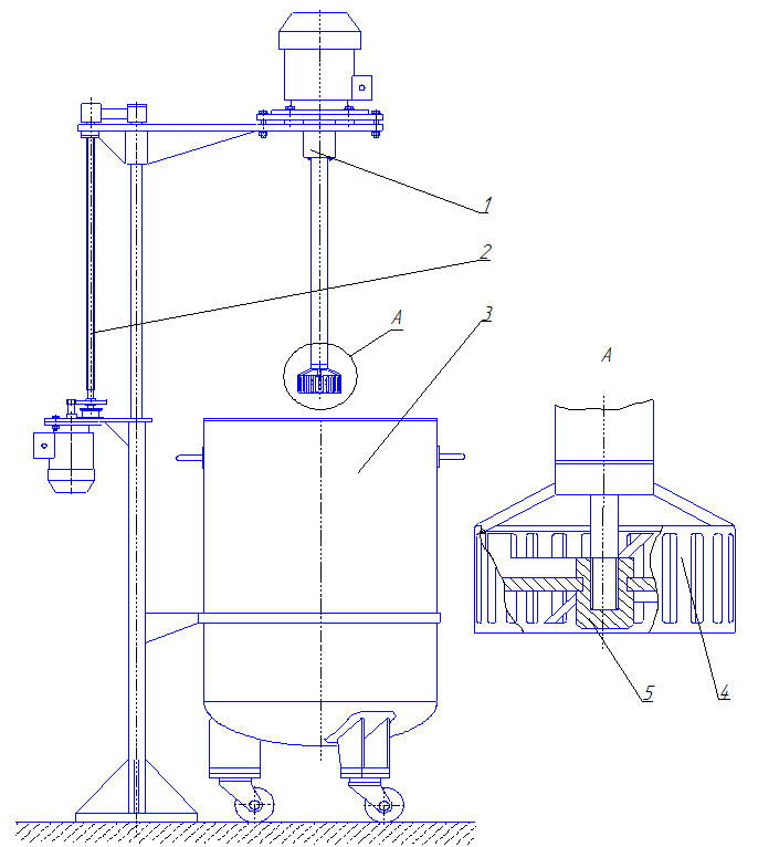 Общий вид разработанного перемешивающего устройства: 1 – мешалка; 2 – подъемный механизм; 3 – емкость; 4 – статор; 5 – ротор (мешалка) 