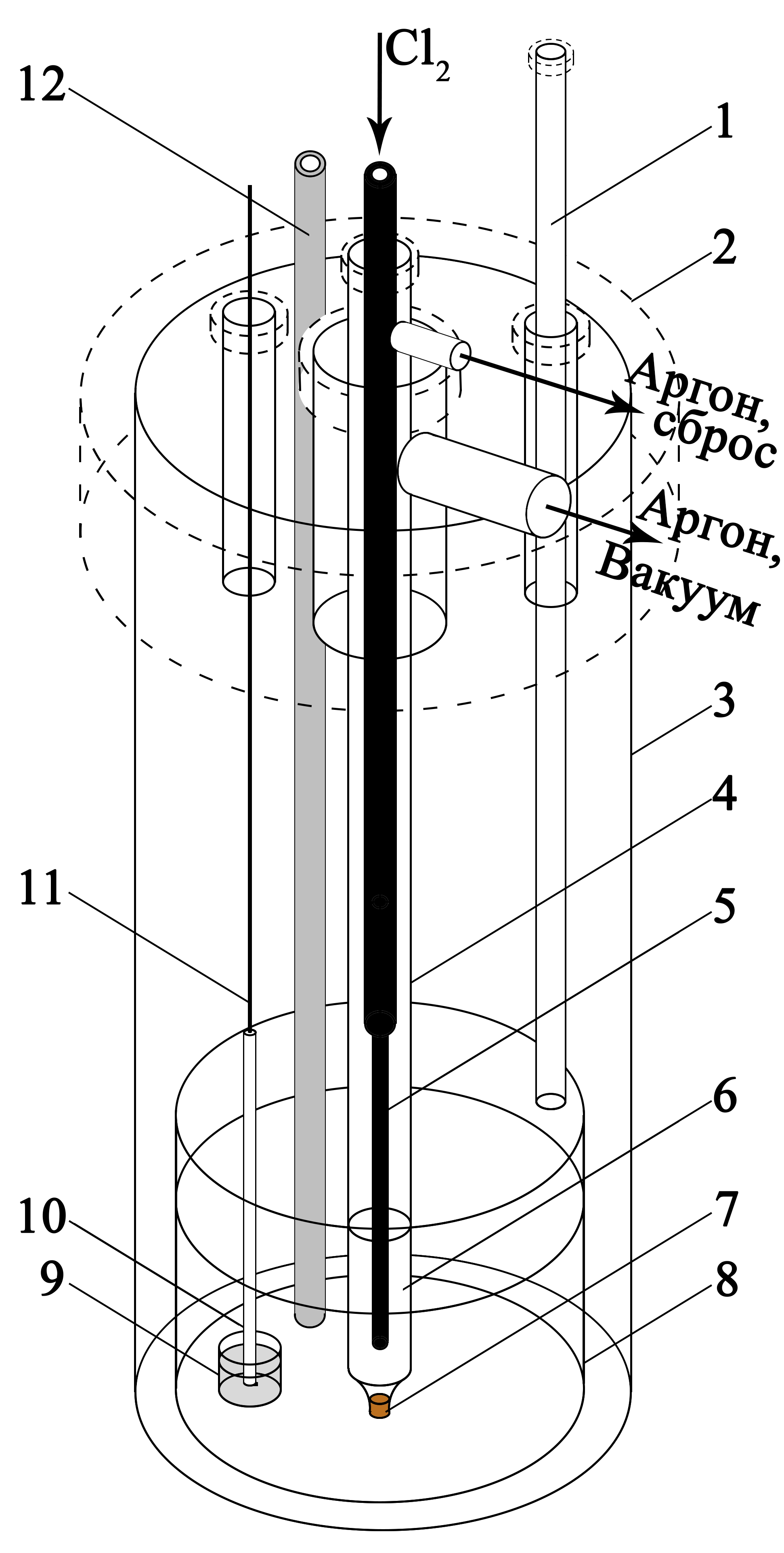 Конструкция электрохимической ячейки для хронопотенциометрических измерений: 1 – кварцевый капилляр для пробоотбора; 2 – пробка из вакуумной резины; 3 – кварцевая ячейка; 4 – чехол хлорного электрода; 5 – графитовая трубка для подачи Cl2; 6 – соль-растворитель; 7 – диафрагма из асбеста; 8 – тигель из оксида алюминия с солевым электролитом; 9 – тигель из оксида бериллия с Ga; 10 – алундовый чехол для токоподвода рабочего электрода; 11 – вольфрамовый токоподвод рабочего электрода; 12 – чехол из оксида алюминия для термопары