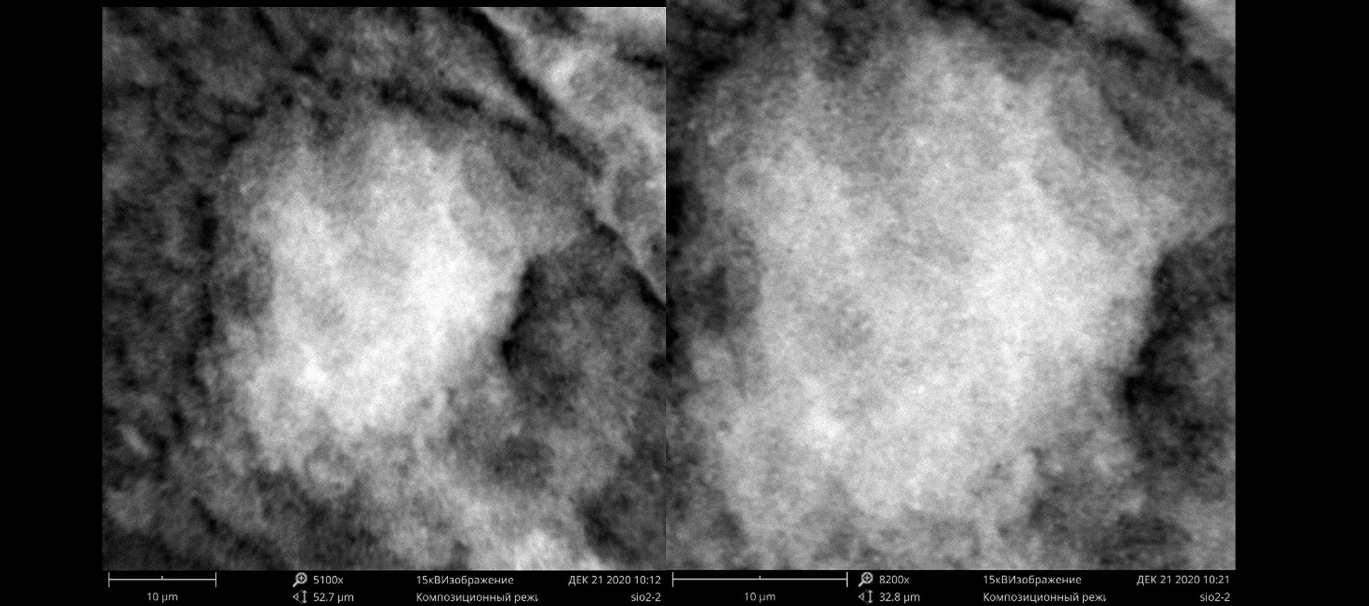 Нанопорошок диоксида кремния:слева – увеличение в 5100 раз, при общей длине фотокадра в 52,7 мкм; справа – увеличение в 8200 раз, при общей длине фотокадра 32,8 мкм
