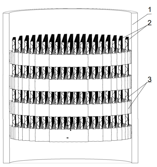 Конструкция регулярной насадки: 1 - колонна; 2 - гофрированные пластины; 3 - пакеты