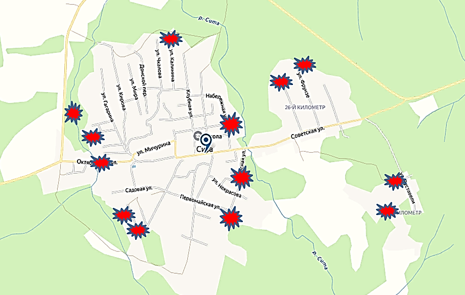 Карта-схема улиц п. Сита с локациями нападения тигра на собак