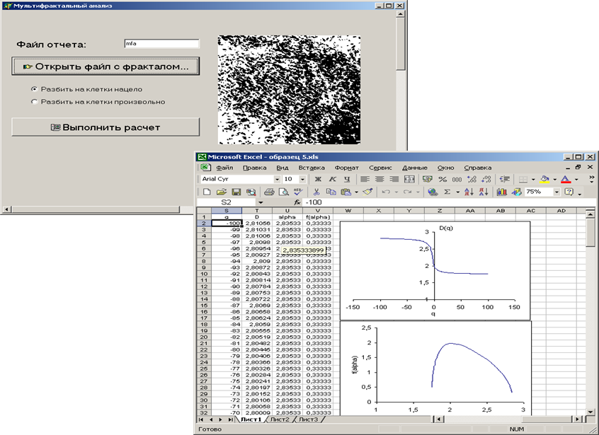 Окно программы «Мультифрактальный анализ» и файл с рассчитанными данными
