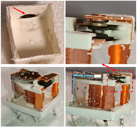 Термические повреждения контактов реле и его корпуса после 2 месяцев эксплуатации