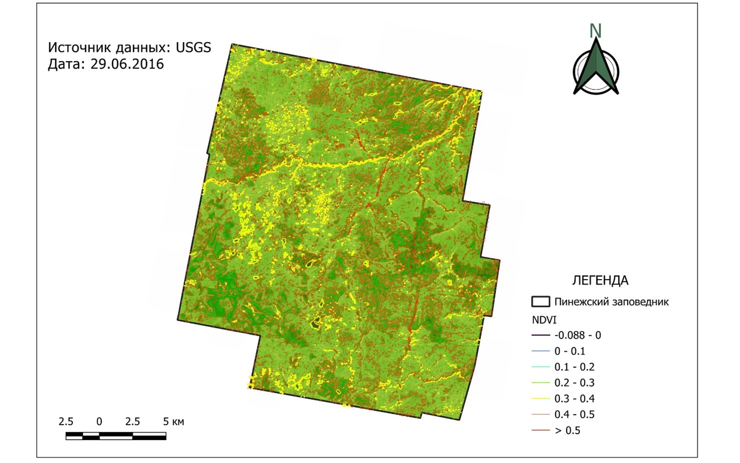 Распределение значений NDVI на территории Пинежского заповедника 29 июня 2016 г