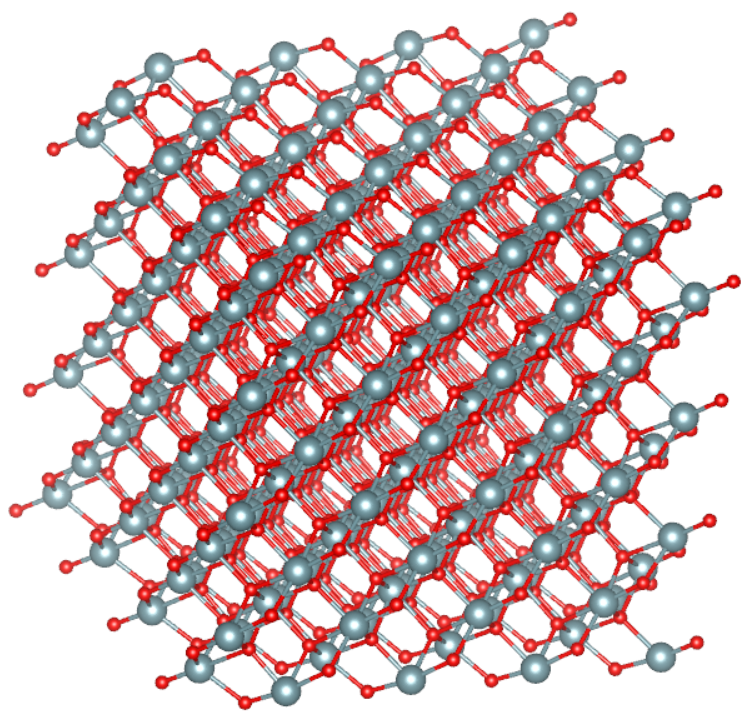 Кристаллическая решетка диоксида урана в начальный момент времени: серые большие шары – атомы урана; красные меньшие – атомы кислорода