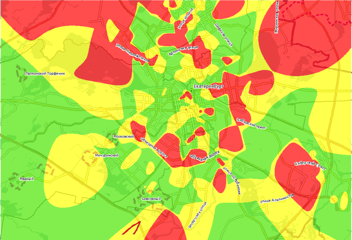 Карта радоноопасности г. Екатеринбурга: зелёный - не радоноопасные; жёлтый - потенциально радоноопасные; красный - радоноопасные