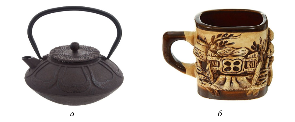 Образцы предметов на изображениях, использованных для четвертого и пятого тестов: а - чайник, существенно отличающийся от обучающего набора; б - необычная чашка с частичным визуальным сходством с чайником