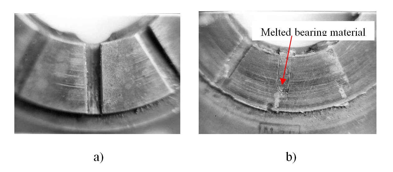 View of the axial part of radial-axial (fixed pads) bearing of high-speed compressor: a – unloaded side; b – loaded side