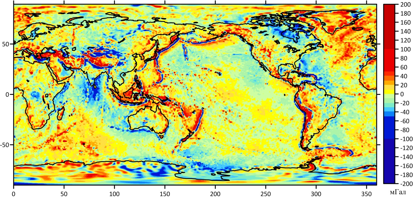 Картосхема аномалий силы тяжести Δgs(P), вычисленных при Δr=0 по формуле (5) с учетом гармоник гнопотенциала до степени N=2190