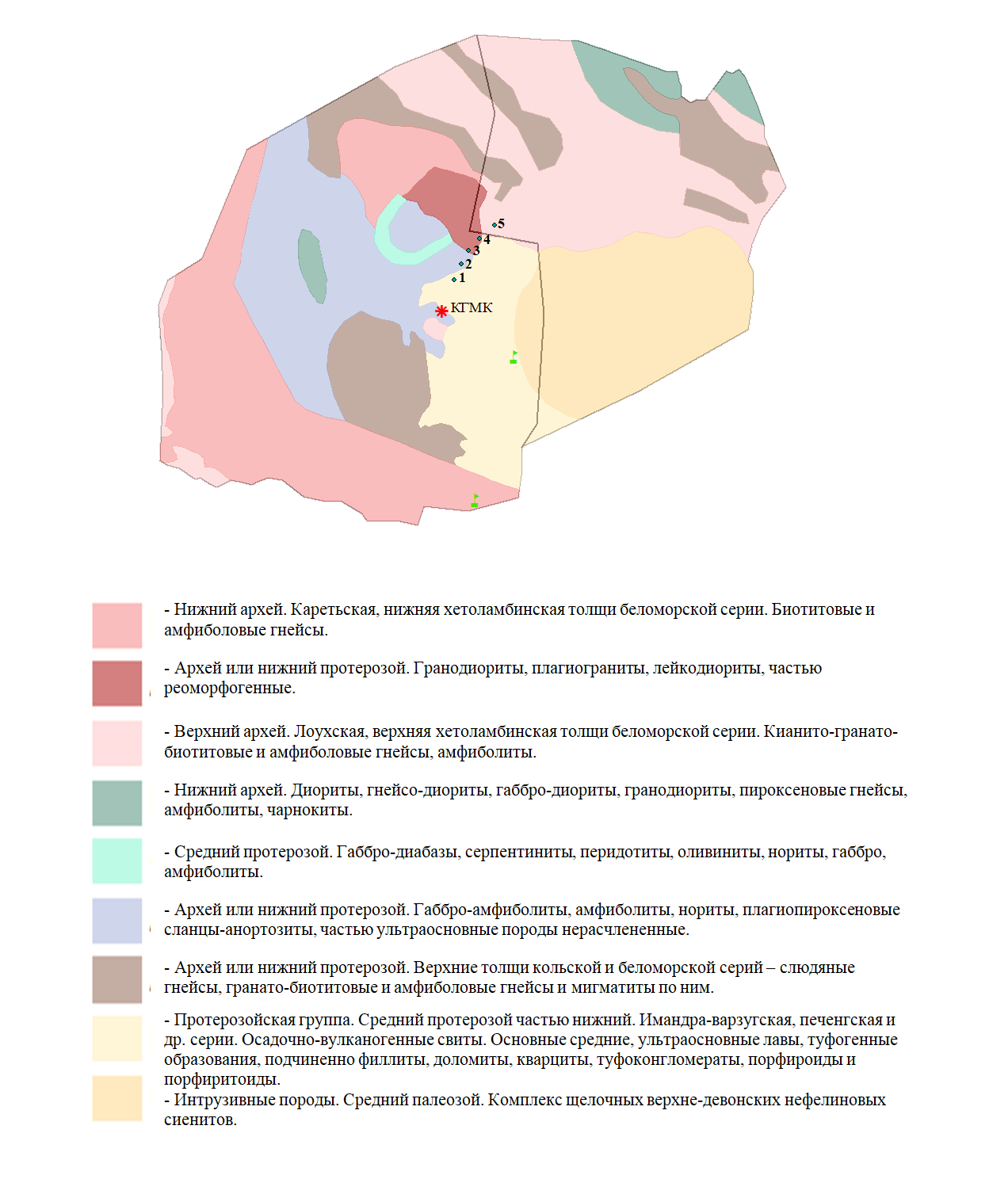 Геологическая карта-схема района исследования с центральной границей раздела Мончегорского и Оленегорского районов