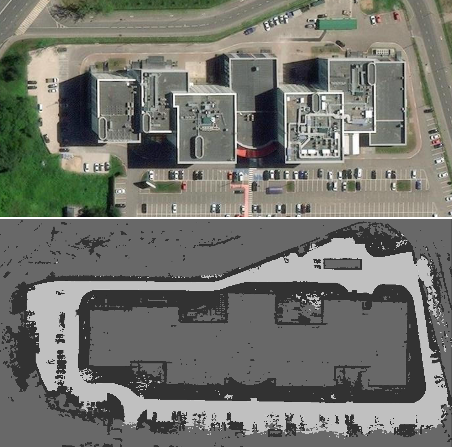 Ортофотоплан офисного здания (сверху) и соответствующая априорная геопривязанная карта проходимости (снизу)