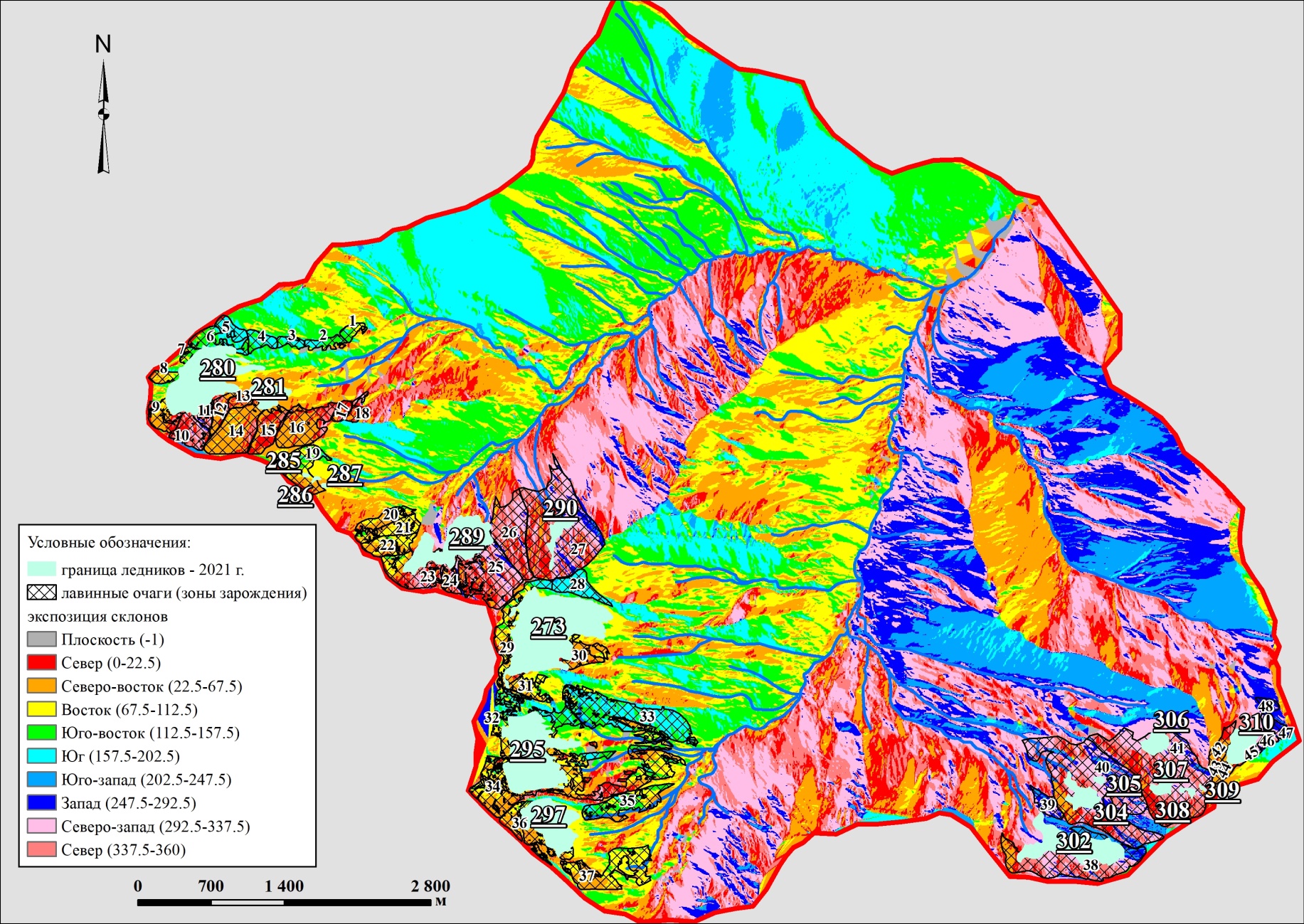 Карта экспозиции территории ледниковых комплексов Мамисонского ущелья с лавинными очагами
