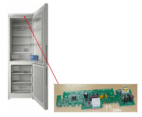 Холодильник Indesit и управляющая плата, расположенная под верхней крышкой холодильника в лицевой части