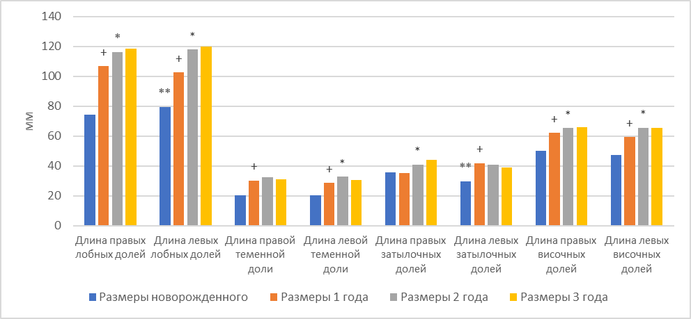 Параметры долей головного мозга мальчиков