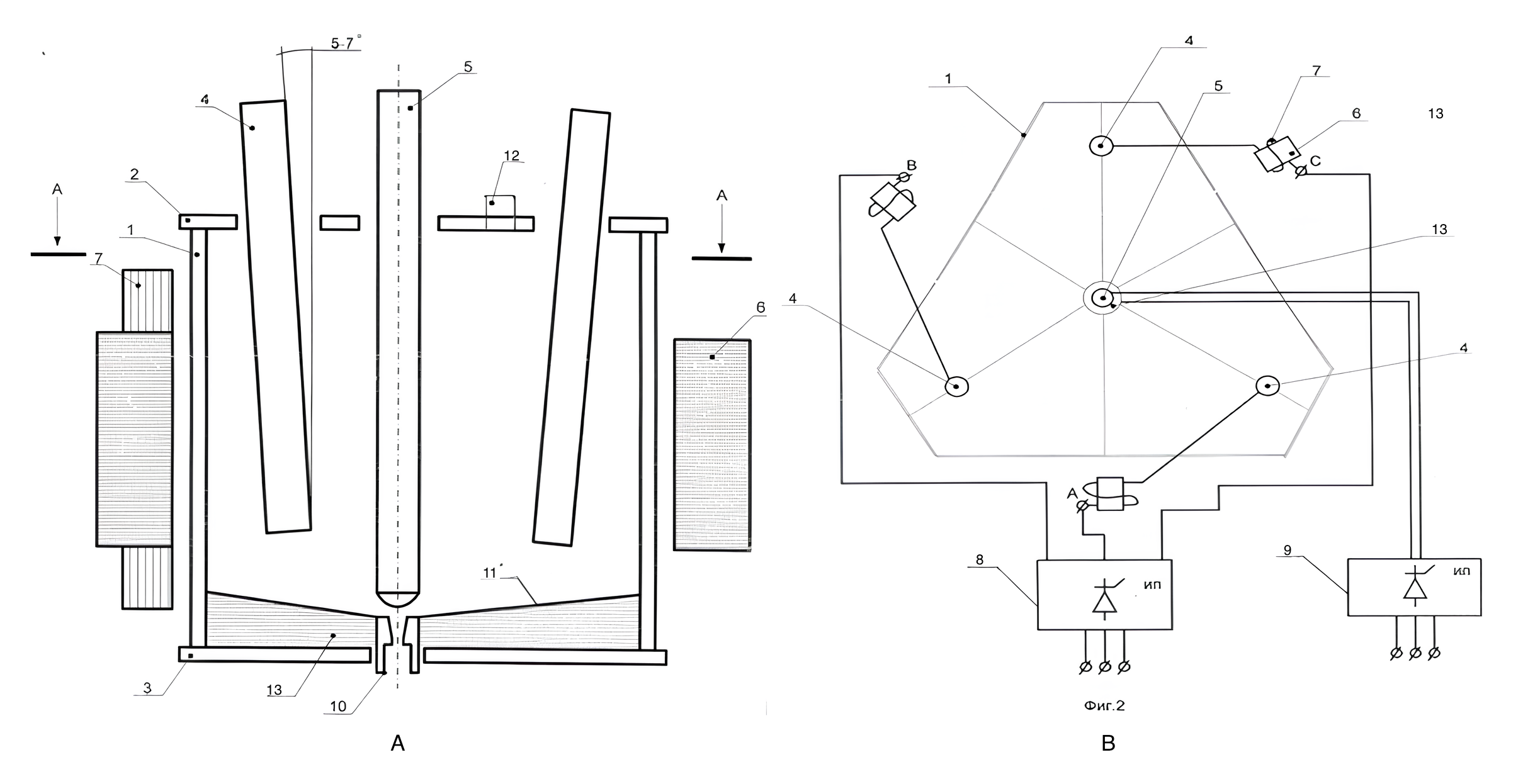 Longitudinal (A) and transverse (B) sections of an electromagnetic process reactor