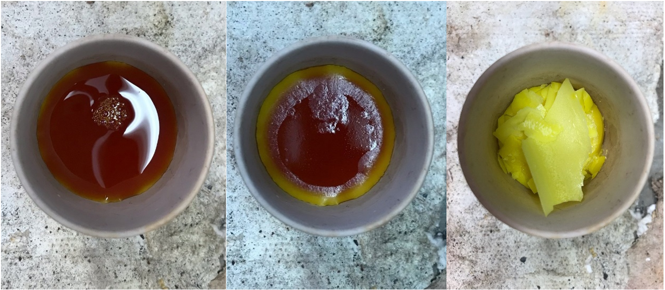 Внешний вид солевой смеси (Na–K–Cs)Cl + SrCl2 + LaCl3 + UO2Cl2 в жидком, полузастывшем и твердом состоянии