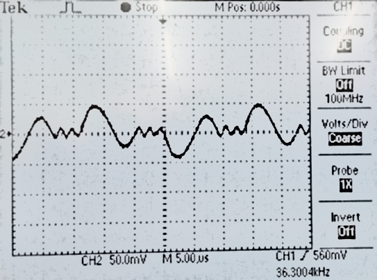 Осциллограммы тока через первичную обмотку высоковольтного трансформатора при C2 = 0,078 мкФ и F = 36,3 кГц