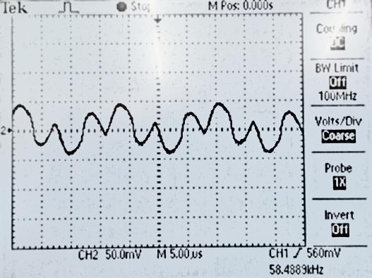 Осциллограммы тока через первичную обмотку высоковольтного трансформатора при C2 = 0,078 мкФ и F = 58,5 кГц