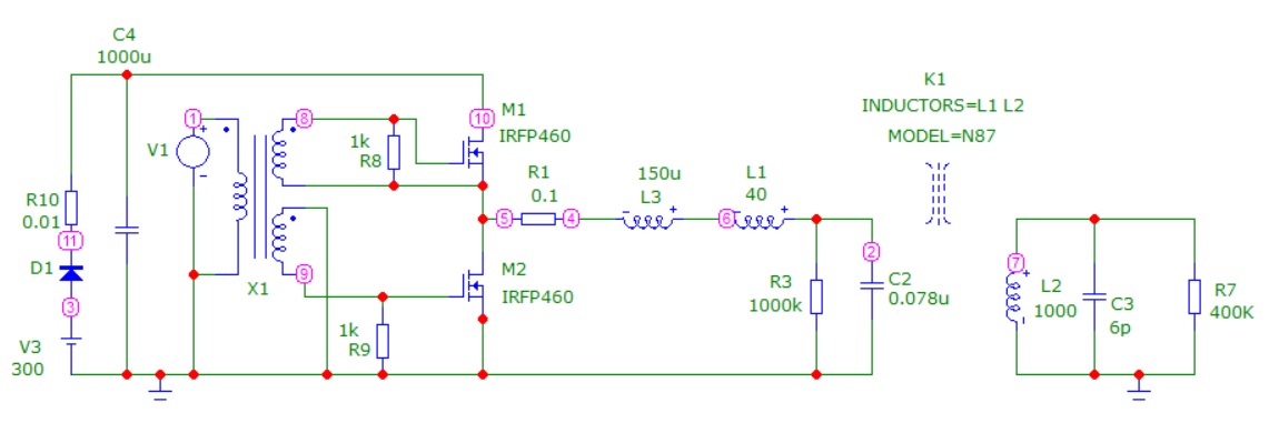 Модель повышающего полумостового преобразователя